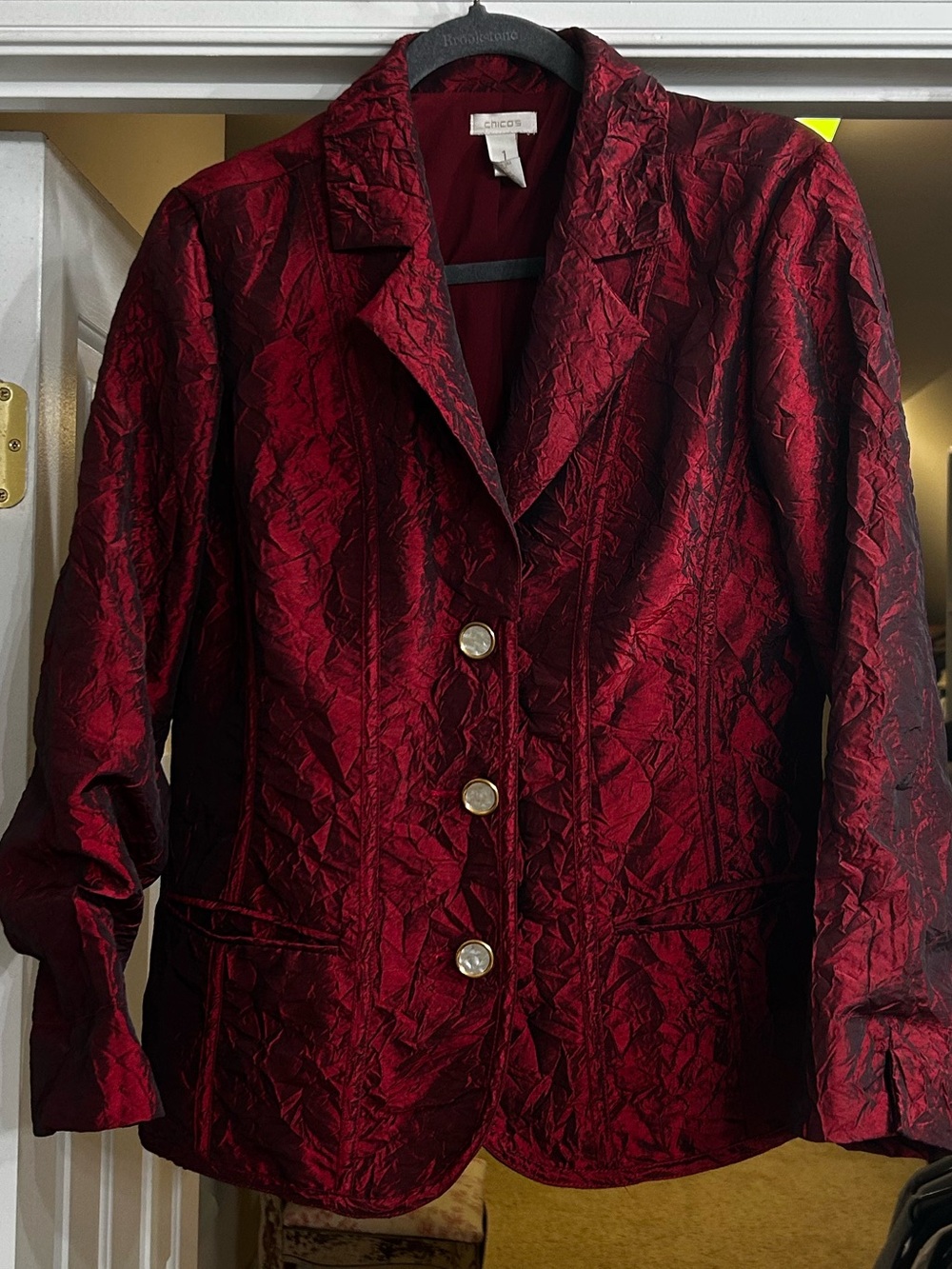 Chico's Deep Red Textured Blazer with Gold Buttons